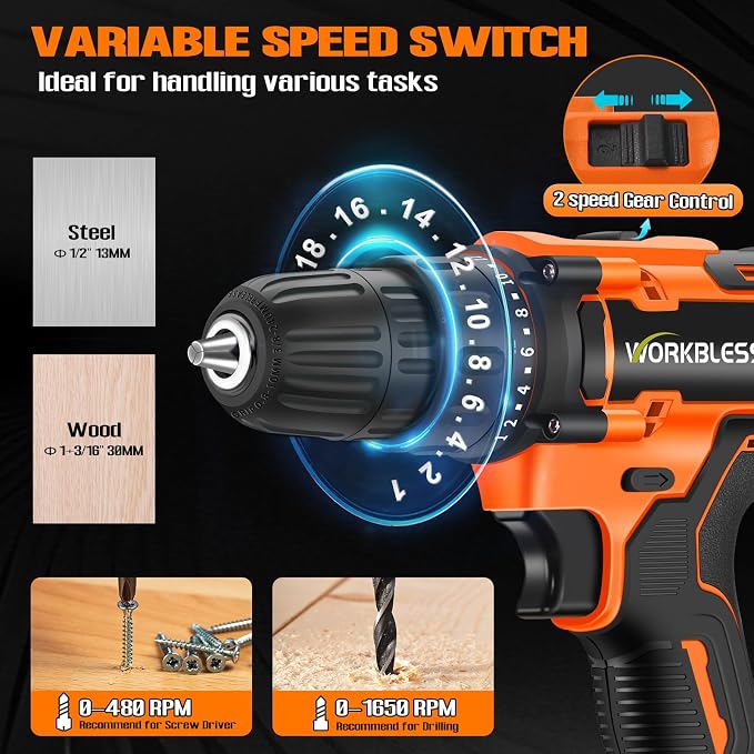 WORKBLESS 21V Power Drill Set, Cordless Drill - Image 5