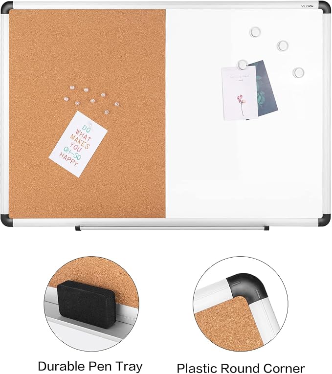 VUSIGN White and Cork Board Combination, Wall Mounted Notice Bulletin - Image 3