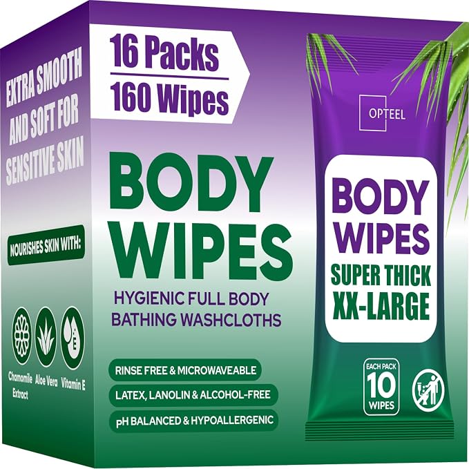 Super Thick Bathing Wipes for Adults Bathing No Rinse – Full Body Shower Wipe by OPTEEL