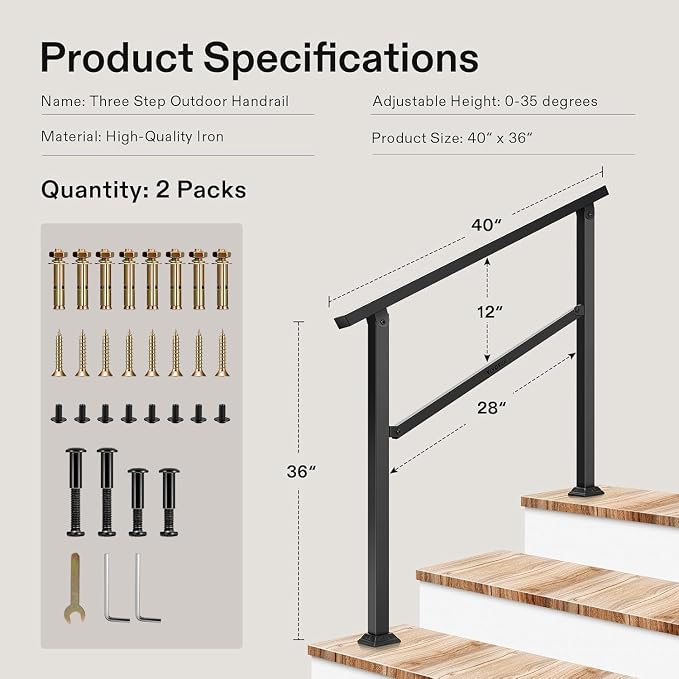 VIVOSUN 2-Pack Outdoor Handrail, 3 Step Stair Handrail, Wrought Mattle Iron - Image 2