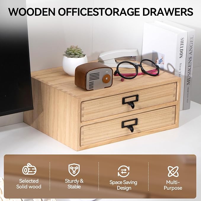 Kirigen Natural Wood Desktop Storage Cabinet -Shallow Type Drawers - Image 5