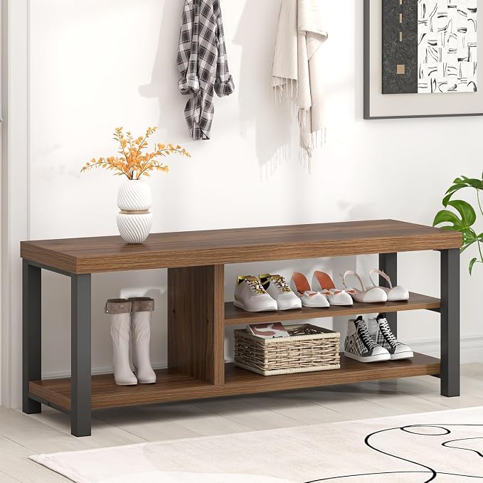 FOLUBAN Shoe Bench, Modern Wood and Metal Storage Bench by FOLUBAN