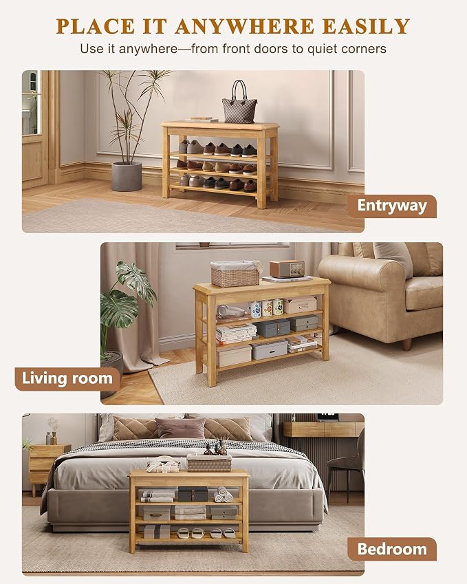 Shoe Rack Bench Seat Rubberwood 3-Tier Wooden Storage Bench 550lbs Compact - Image 8