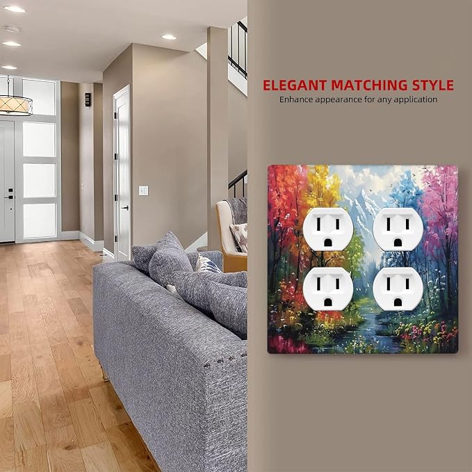 Colorful Forest Snow Mountain River Oil Painting Style Outlet Covers 2 Gang - Image 7
