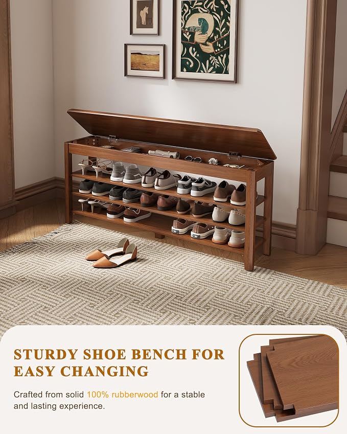 Shoe Rack Bench Seat Rubberwood 3-Tier Wooden Storage Bench 550lbs Compact - Image 5