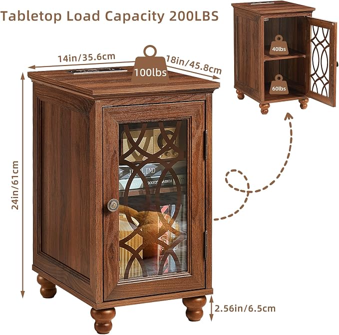 Narrow Side Table with Charging Station Set of 2, Night Stand with Glass Door - Image 3