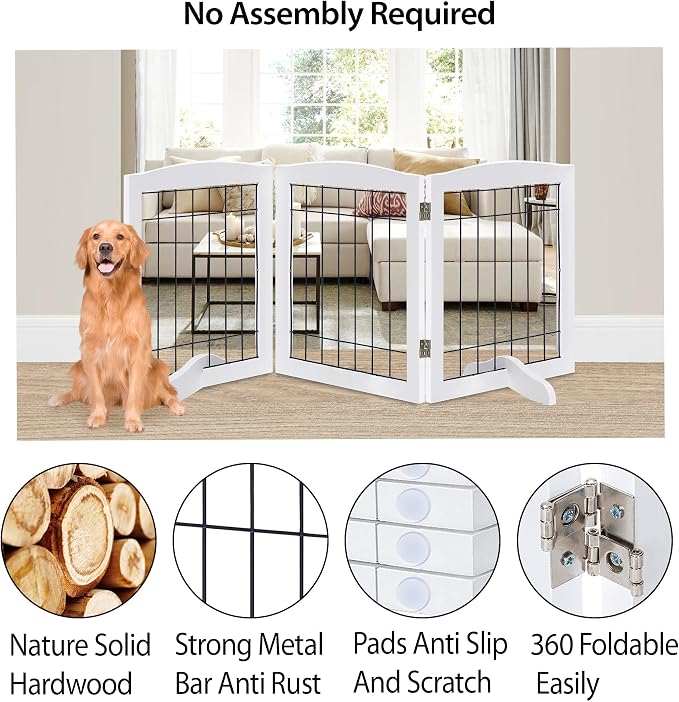 LZRS 3-Panel Freestanding Adjustable Wooden Dog Gate—30" Tall Foldable Pet - Image 3