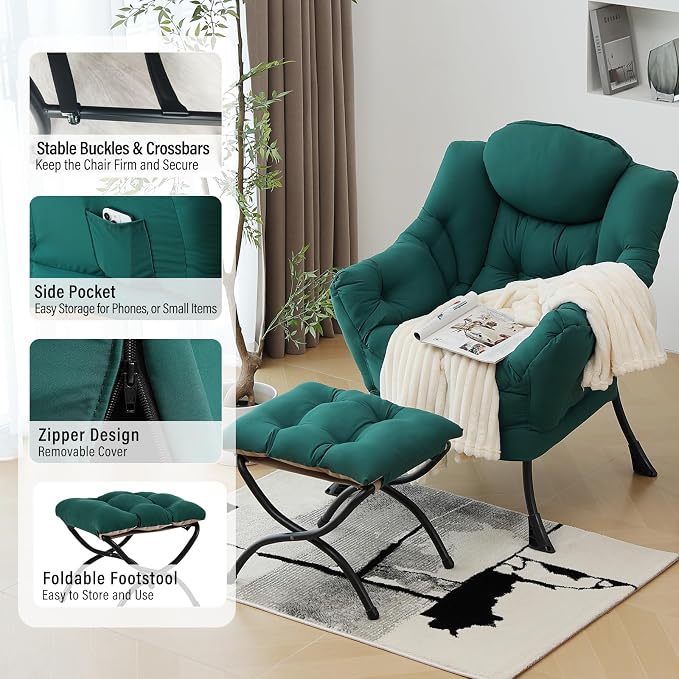 Modern Lazy Chair with Folding Footrest, Lounge Accent Reading Chair - Image 6