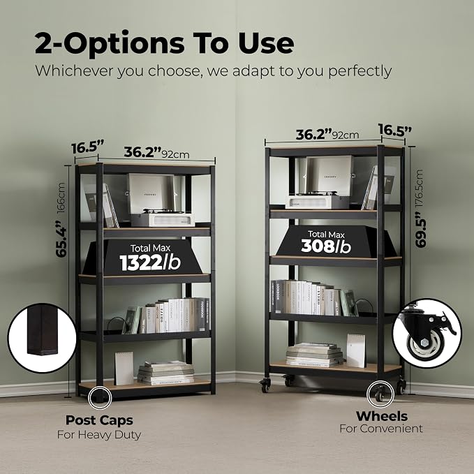 HOMEDANT House 36.2" 5-Tier Metal Rolling Cart Shelf Rack Casters Heavy Duty - Image 2
