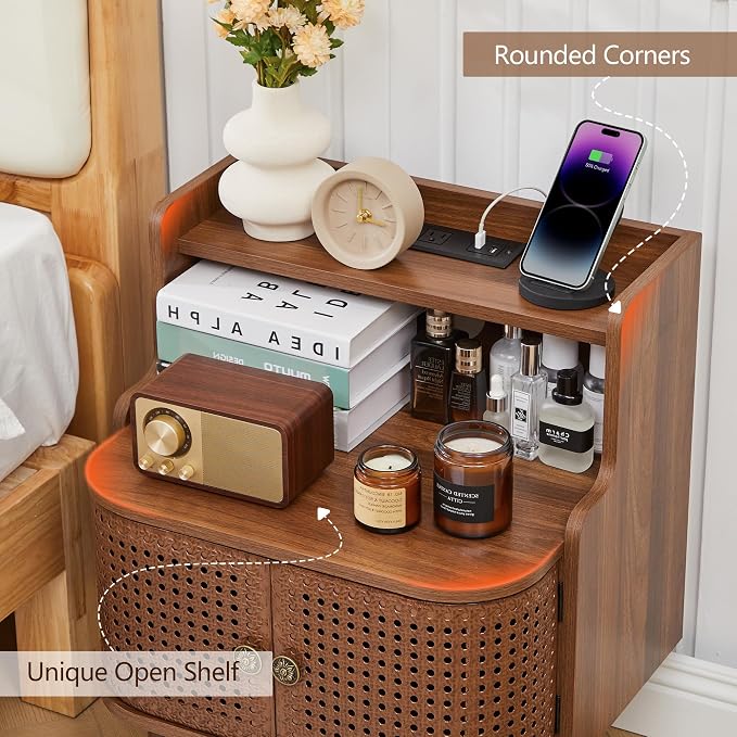 Metal Rattan End Table with Charging Station, Mid Century Modern Nightstand - Image 5