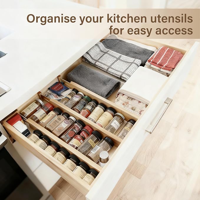 Bamboo Drawer Divider Set of 8, Adjustable Spring-Loaded Drawer Organizer - Image 4