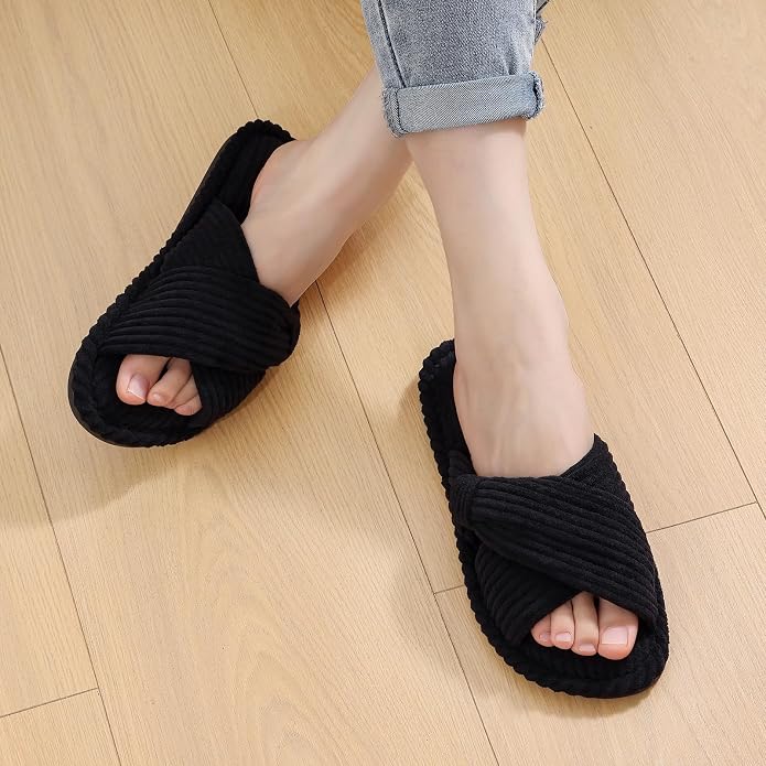 Evshine Fall House Slippers for Women Corduroy Cross Bow Indoor Slippers Open - Image 6