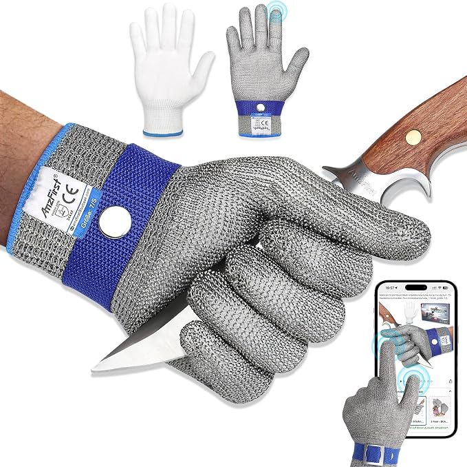 Cut-Resistant Gloves, Food-Grade Stainless Steel Mesh Metal Gloves, Suitable by AmzFirst