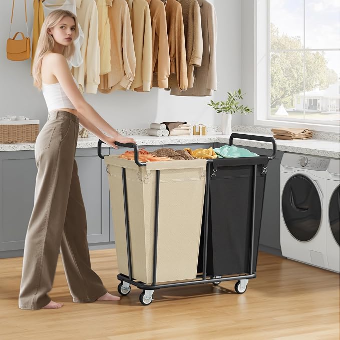 Large laundry hamper with Wheels, 2 Bag 360L Big Rolling Laundry Basket Sorter - Field & Grace