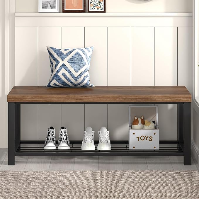 FOLUBAN Shoe Bench, Modern Wood and Metal Storage Bench - Image 7