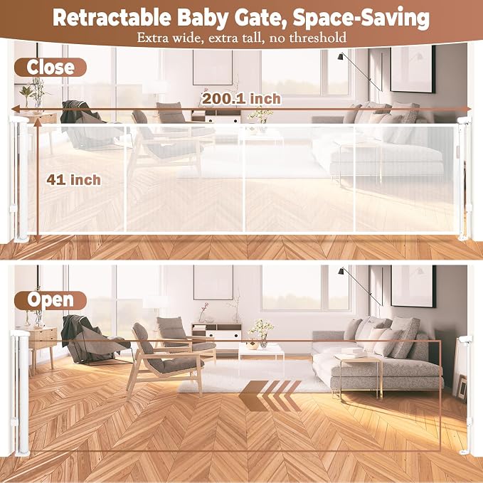 200.1" Retractable Baby Gate Extra Wide, Mesh Gate Long Child Gate Pet Gate - Image 2