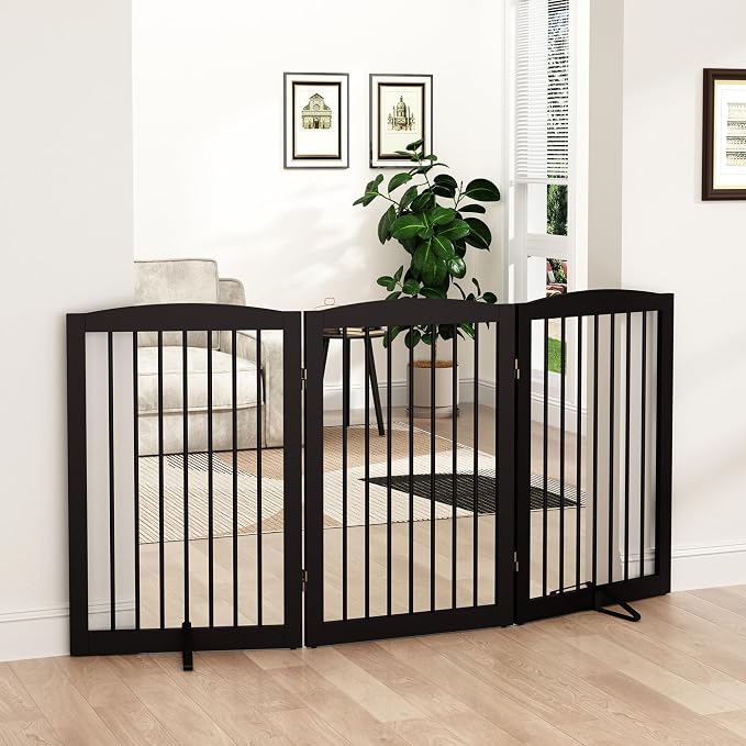 Freestanding Pet Gate for Dogs, Foldable Wooden Dog Gate for House Indoor by PUPETPO