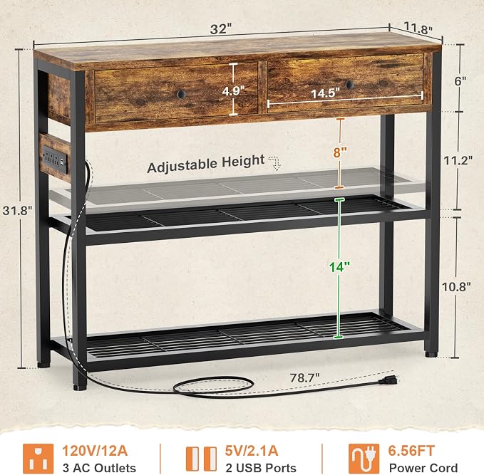 Ecoprsio Entryway Table with Outlets and USB Ports, Console Table with 2 Drawers - Image 3