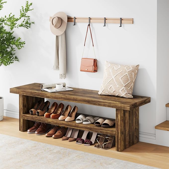 2 Tier Entryway Bench, 47.24" Shoe Bench, Rustic Shoe Rack, Wooden Storage Bench by Condemo