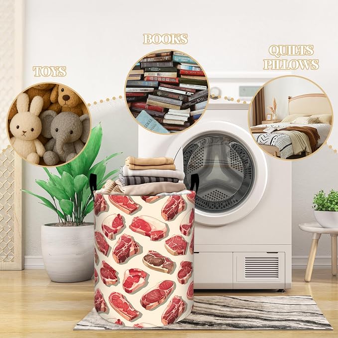 Realistic Steak Raw Meat Laundry Basket, Dorm Nursery Foldable Laundry Hamper - Image 3