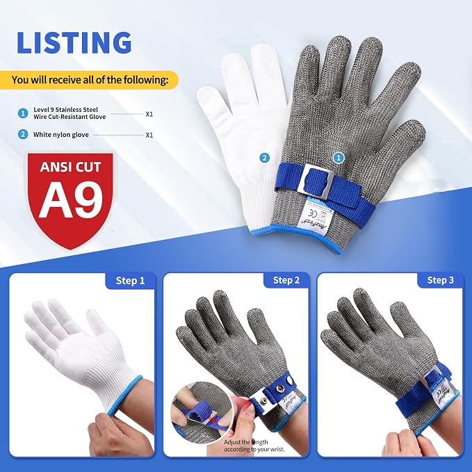 ANSI A9 Cut Resistant Glove Food Grade, Stainless Steel Mesh Metal Knife - Image 2