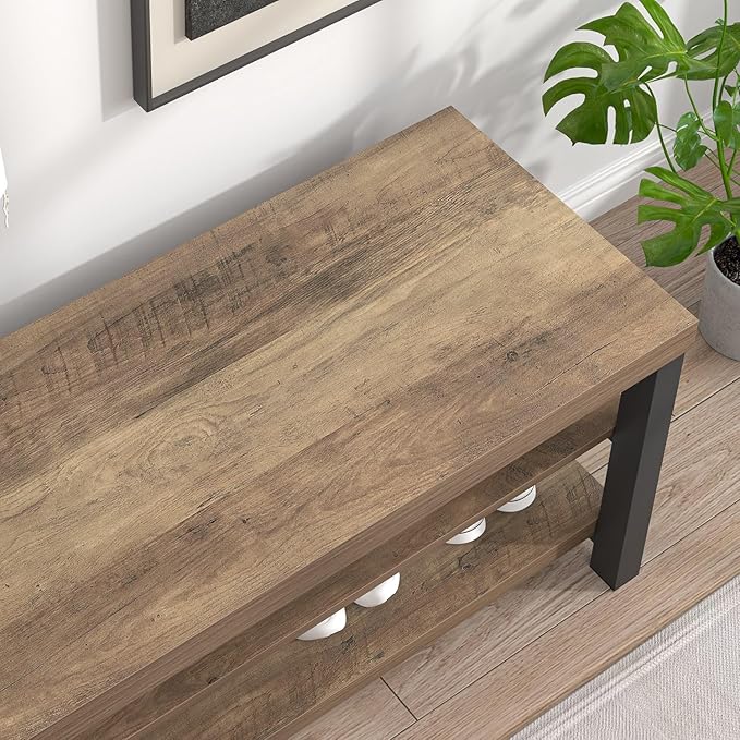 FOLUBAN Shoe Storage Bench, Industrial Entryway Bench, Modern Indoor Wood and - Image 4
