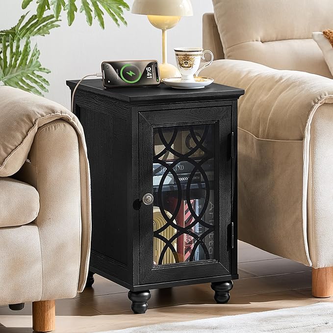 Narrow Side Table with Charging Station Set of 2, Night Stand with Glass Door - Image 8