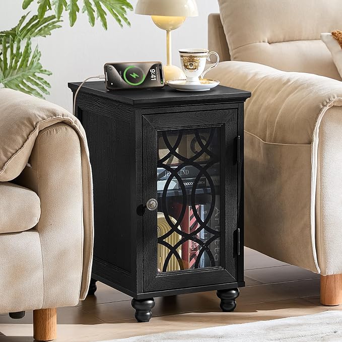 Narrow Side Table with Charging Station, Night Stand with Glass Door, Bedside by Joaxswe