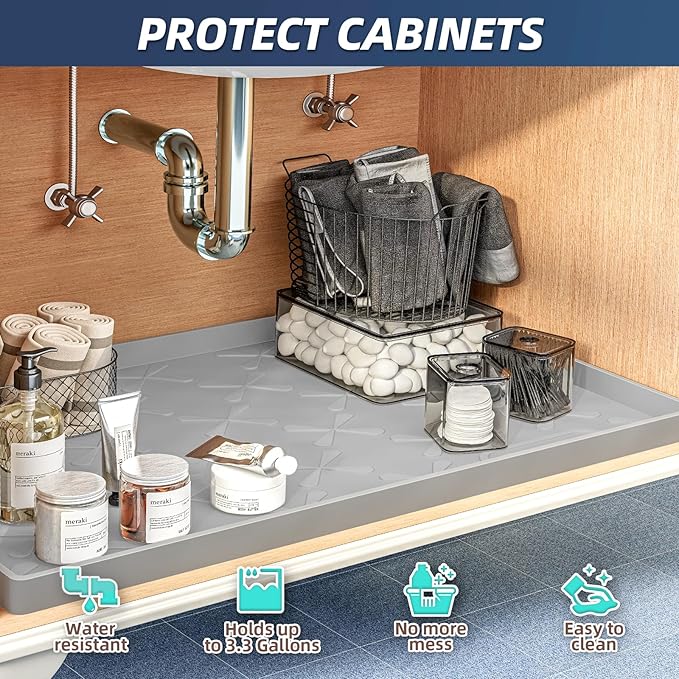 SIKADEER 28" x 19" Under Sink Mat Waterproof, Silicone Mat Kitchen Drawer Shelf - Image 3