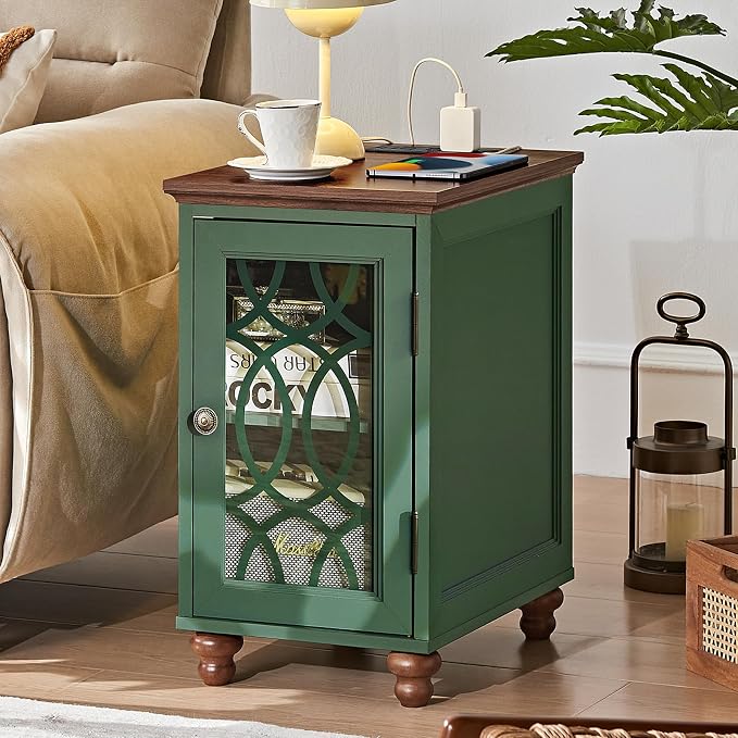 Narrow Side Table with Charging Station, Night Stand with Glass Door, Bedside by Joaxswe
