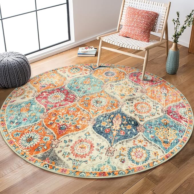 Lahome Moroccan Trellis Round Area Rugs, Washable Small Round Rug 3ft Non-Slip by Lahome