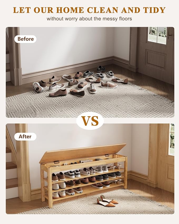 Shoe Rack Bench Seat Rubberwood 3-Tier Wooden Storage Bench 550lbs Compact - Image 6