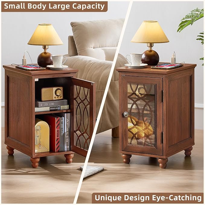 Narrow Side Table with Charging Station, Night Stand with Glass Door, Bedside - Image 8