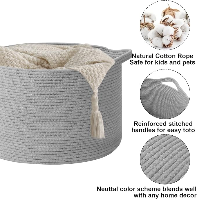 Large Storage Basket with Handle, 19.7" L x 19.7" W x 13" H Blanket Basket - Image 3