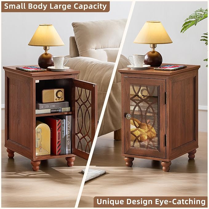 Narrow Side Table with Glass Door, 18 x 14'' Night Stand with Adjustable Shelf - Image 3
