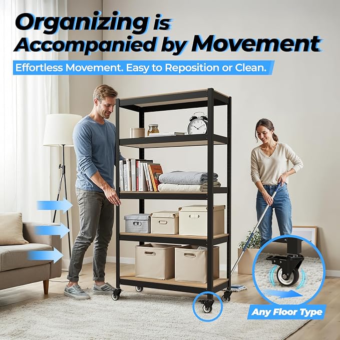 HOMEDANT House 36.2" 5-Tier Metal Rolling Cart Shelf Rack Casters Heavy Duty - Image 6