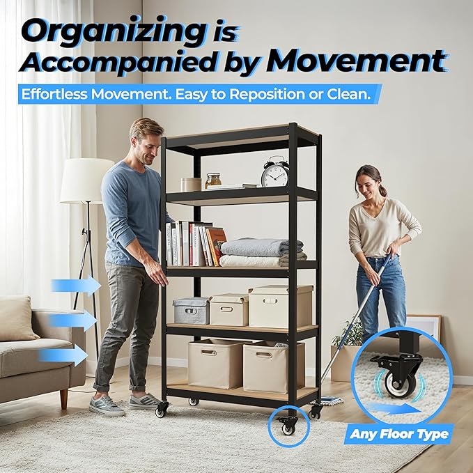 HOMEDANT House 48.1" 5-Tier Metal Rolling Cart Shelf Rack Casters Heavy Duty - Image 6