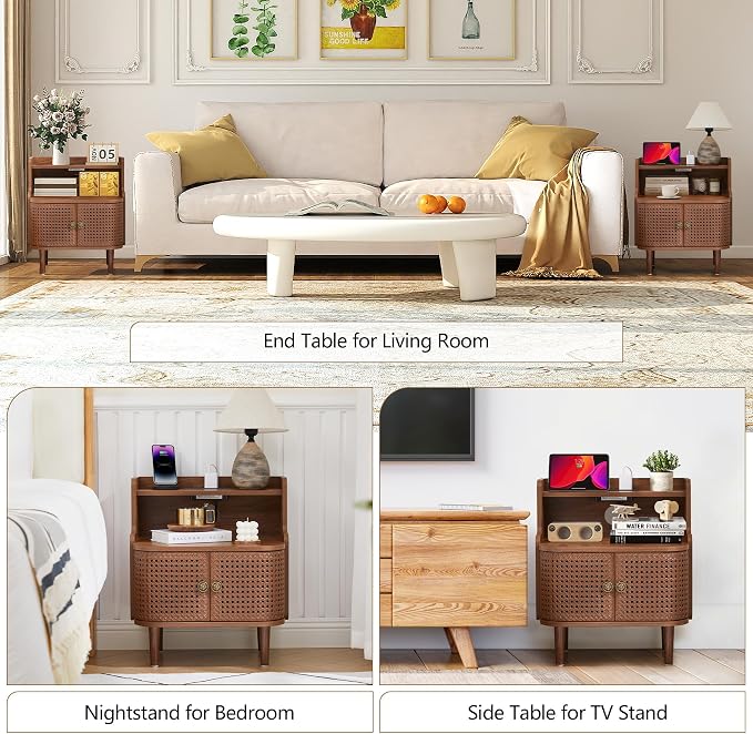 Metal Rattan End Table with Charging Station, Mid Century Modern Nightstand - Image 7
