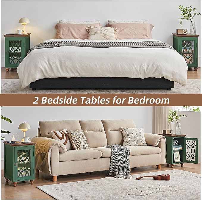 Narrow Side Table with Charging Station Set of 2, Night Stand with Glass Door - Image 9