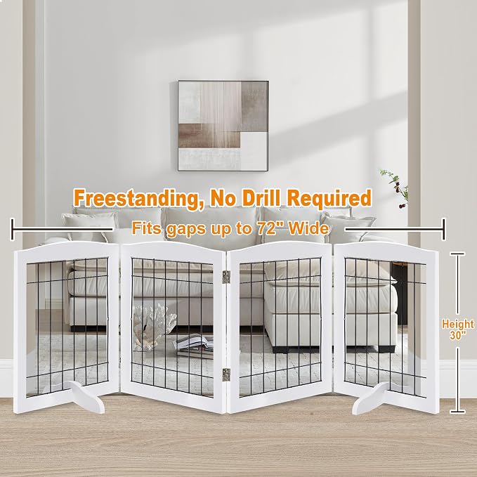 LZRS 4-Panel Freestanding Wooden Dog Gate—Extra Wide 30” Tall Foldable Pet - Image 2