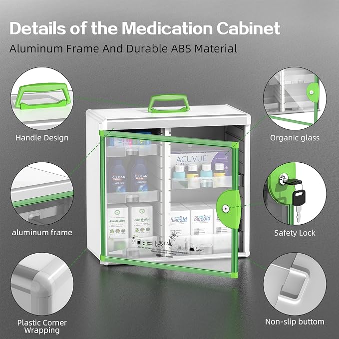 Glosen Medicine Cabinet Locking Medicine Cabinet Wall Mounted【 Green 13.6 x - Image 3