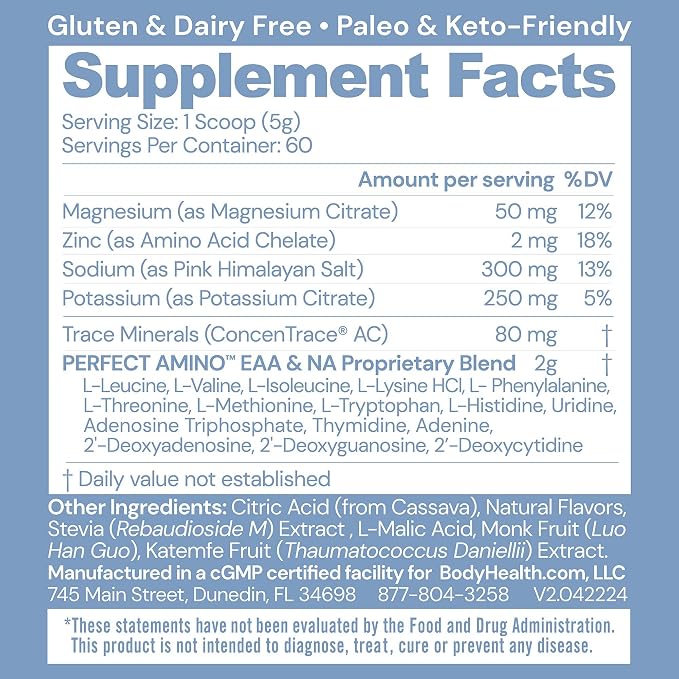 BodyHealth PerfectAmino Electrolytes Powder No Sugar, Keto Sugar Free Fasting - Image 2