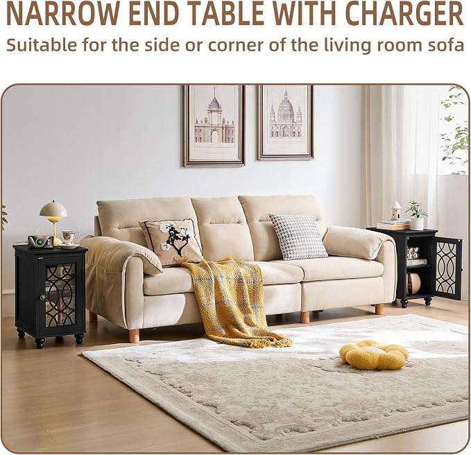 Narrow Side Table with Charging Station, Night Stand with Glass Door, Bedside - Image 5