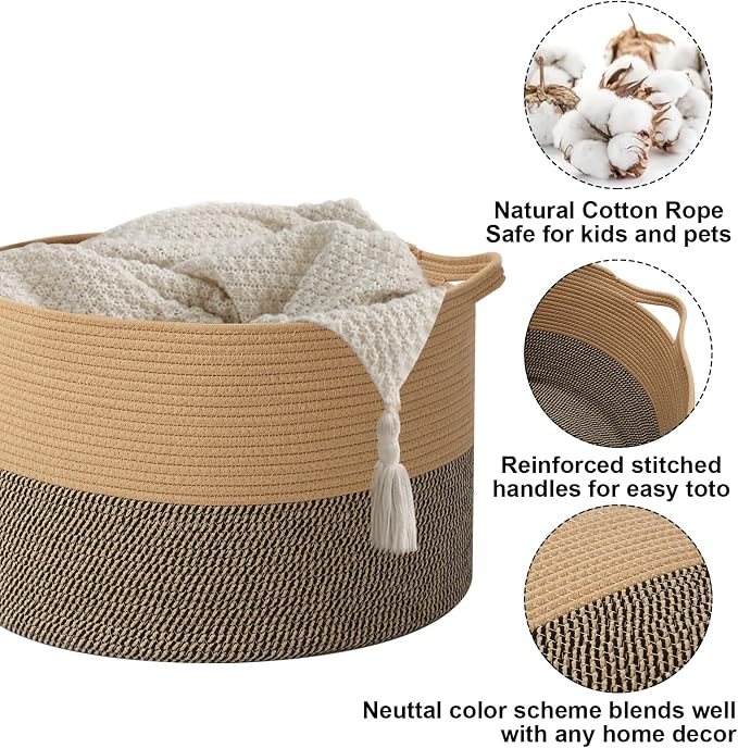 Large Storage Basket with Handle, 19.7" L x 19.7" W x 13" H Blanket Basket - Image 3