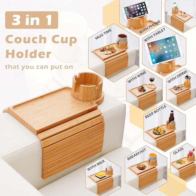 Couch Cup Holder Tray, 3 in 1 Couch Arm Trays, Large Bamboo Chair Arm Rest Tray - Image 3