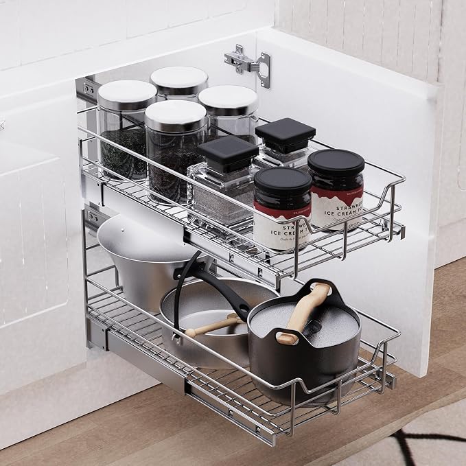 2 Tier Pull Out Cabinet Organizer 15" W X 22" D, Slide Out Drawers - Image 6