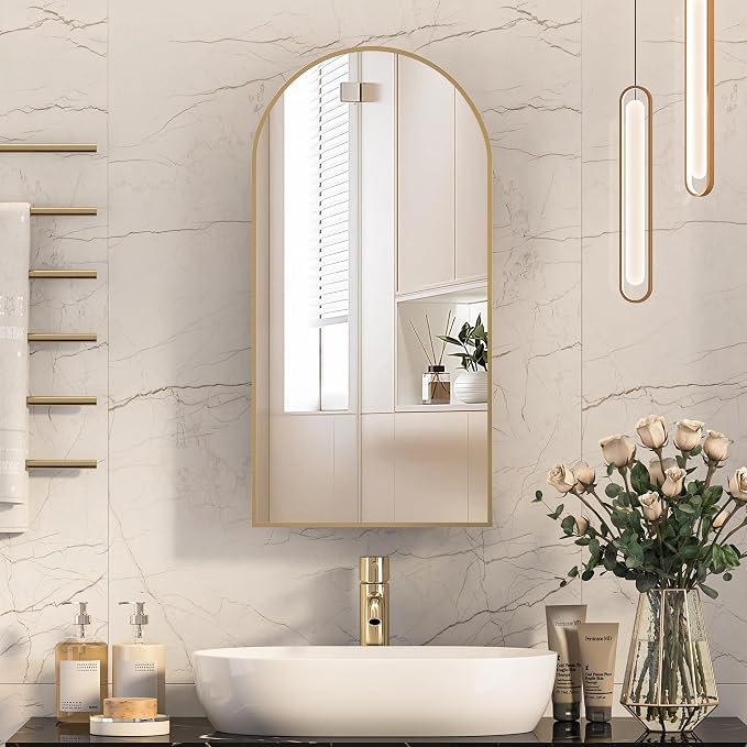Recessed Medicine Cabinet for Bathroom, Brushed Gold Arched Medicine Cabinet - Image 7