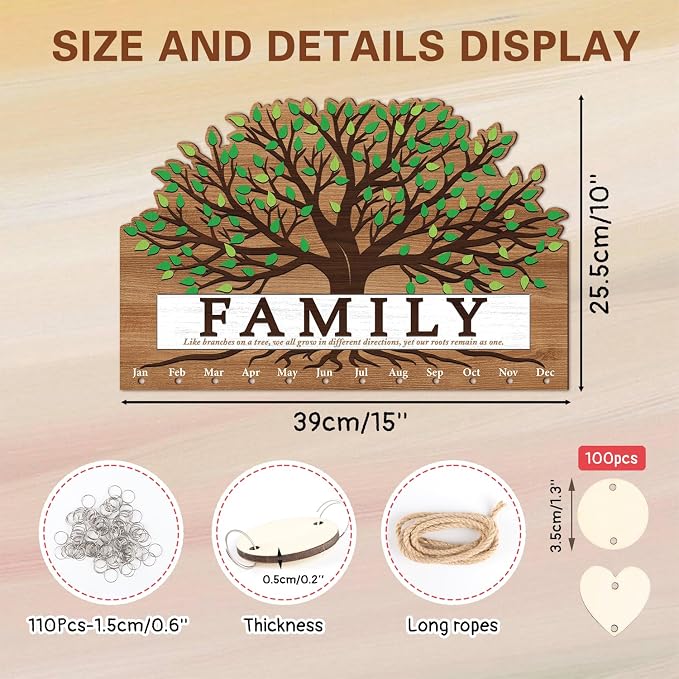 KAlRNE Family Birthday Board, Vintage Wooden Reminder Calendar, Rustic - Image 2