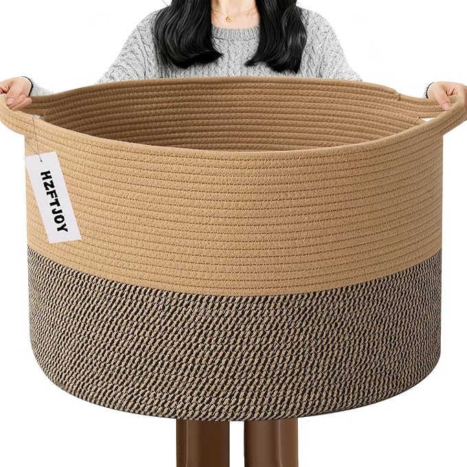 Large Storage Basket with Handle, 19.7" L x 19.7" W x 13" H Blanket Basket by HZFTJOY