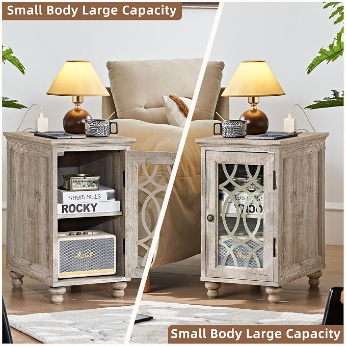 Narrow Side Table with Charging Station Set of 2, Night Stand with Glass Door - Image 5
